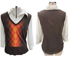 Vintage Apt9Women's Size L Brown Argyle Sweater Vest with Attached White Blouse